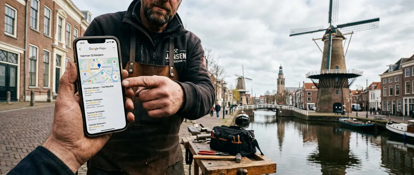 Vakman in schiedam met google maps op zijn telefoon