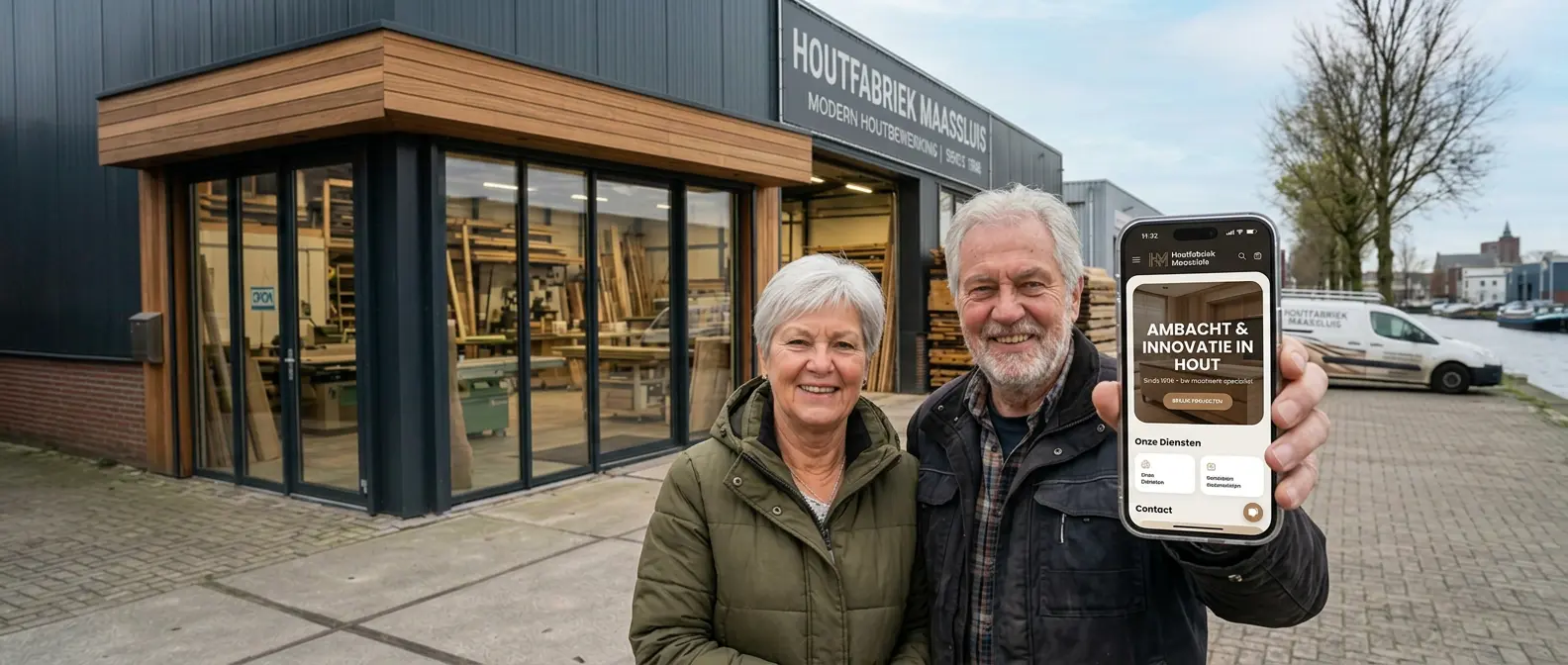Ouder koppel staat voor hun houtbewerkingsbedrijf in Maassluis met hun nieuwe website