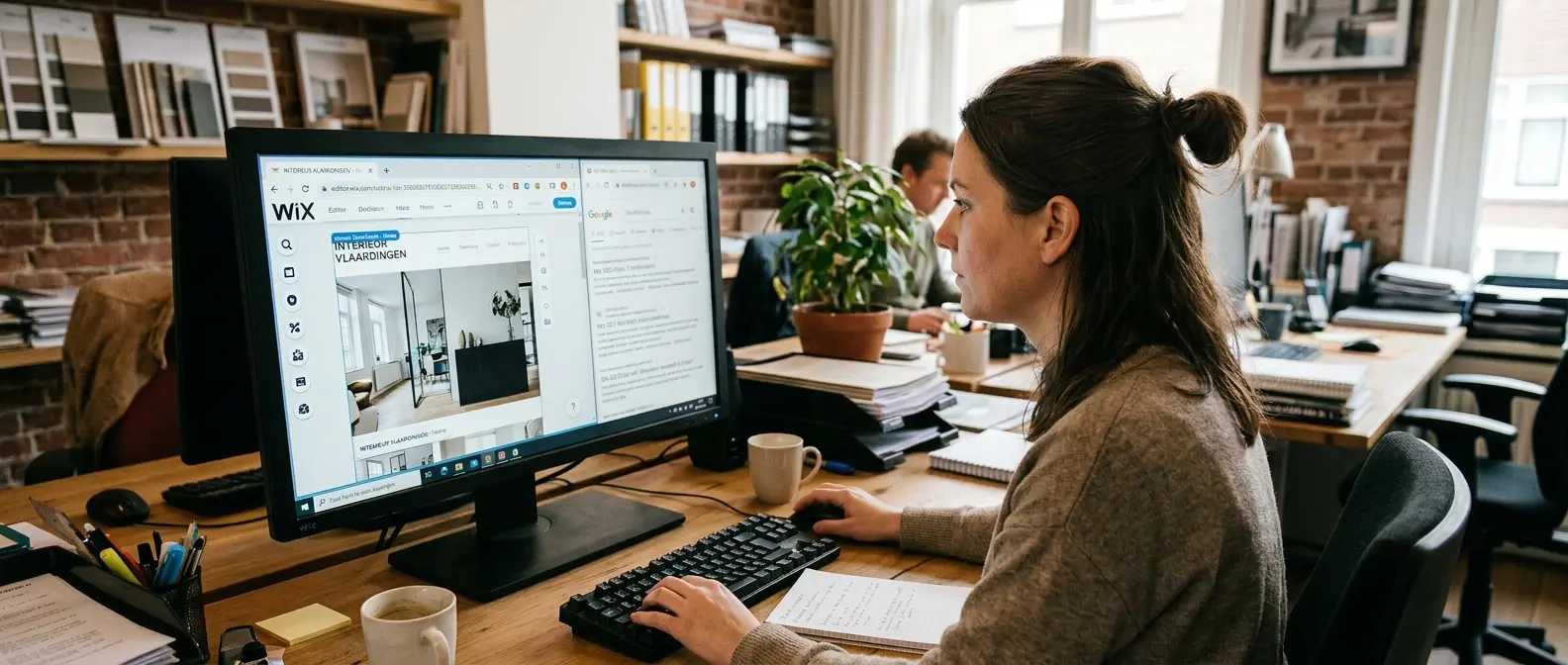 Vrouw werkt op computer aan een Wix-website voor Interieur Vlaardingen in een modern kantoor.