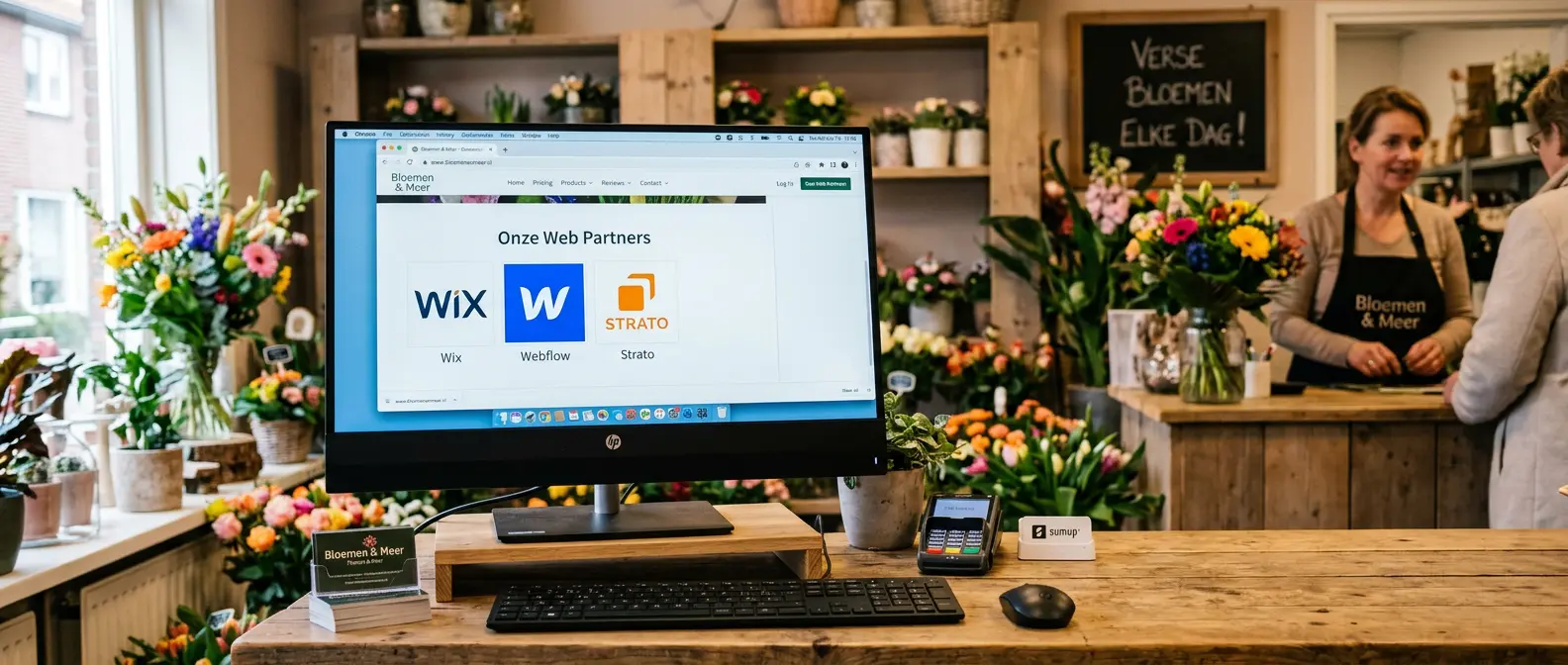 Een computer in een Vlaardingse bloemen zaak die de logo's van Wix, Webflow en Strato laat zien