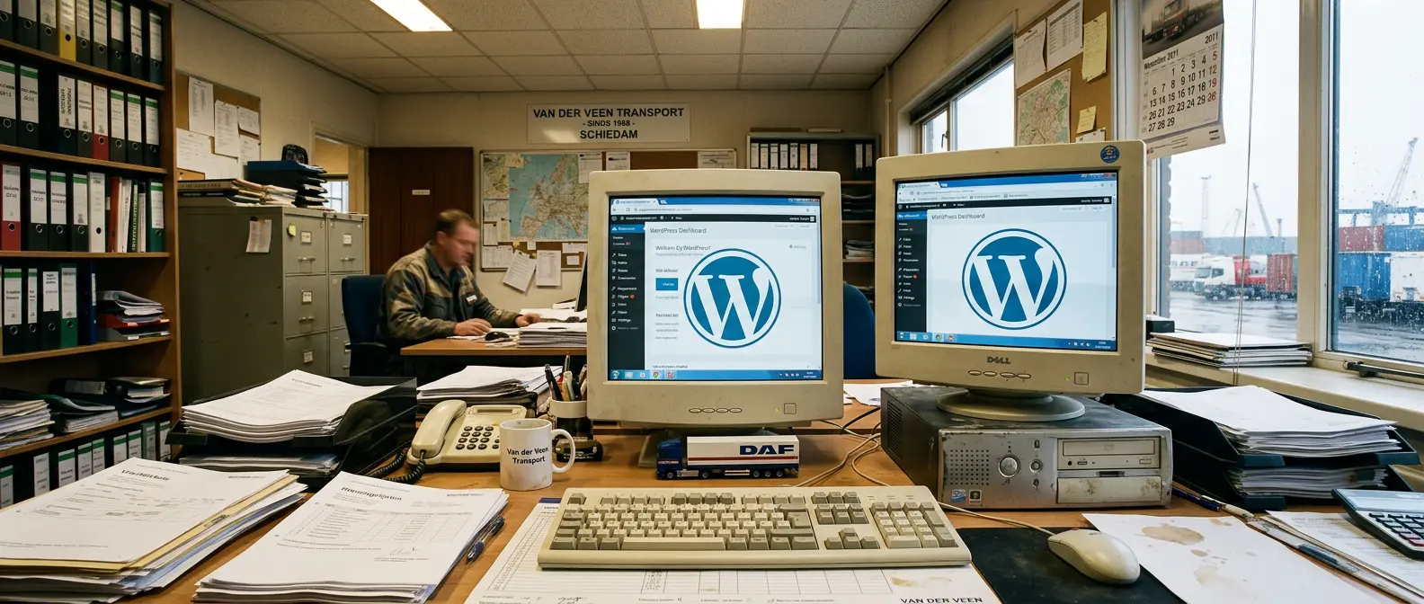 Schiedams Transport bedrijfs kantoor met oude computers met het Wordpress logo